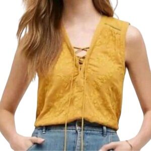 Maeve Anthropologie‎ Mustard Embroidered Lace-Up Sleeveless Top Sz 6